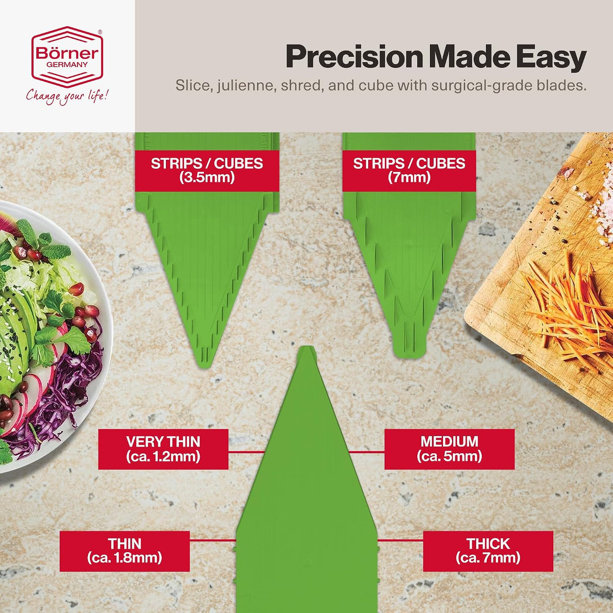 Swissmar VPower V-Slicer Mandoline – Professional Kitchen Tool with Adjustable Thickness – Precision Food Slicer for Vegetables, Julienne, Shredding – Includes Safety Holder & Inserts - White