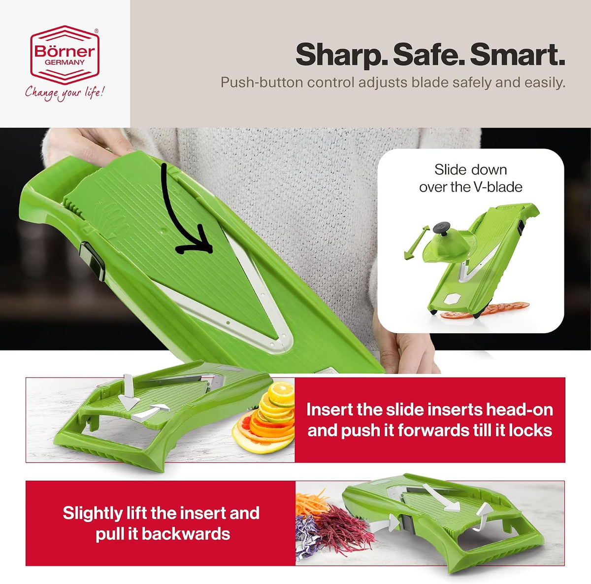Swissmar VPower V-Slicer Mandoline – Professional Kitchen Tool with Adjustable Thickness – Precision Food Slicer for Vegetables, Julienne, Shredding – Includes Safety Holder & Inserts - White