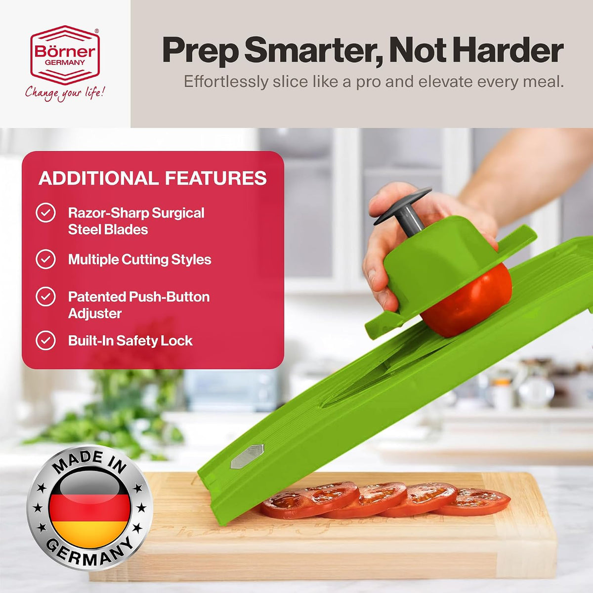 Swissmar VPower V-Slicer Mandoline – Professional Kitchen Tool with Adjustable Thickness – Precision Food Slicer for Vegetables, Julienne, Shredding – Includes Safety Holder & Inserts - White