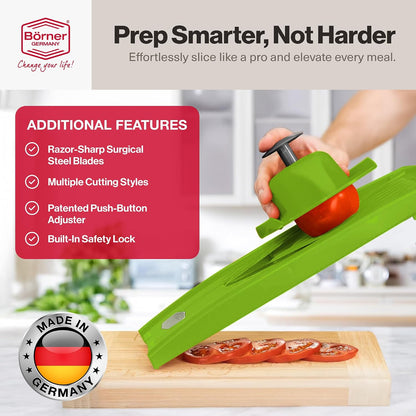 Swissmar VPower V-Slicer Mandoline – Professional Kitchen Tool with Adjustable Thickness – Precision Food Slicer for Vegetables, Julienne, Shredding – Includes Safety Holder & Inserts - White