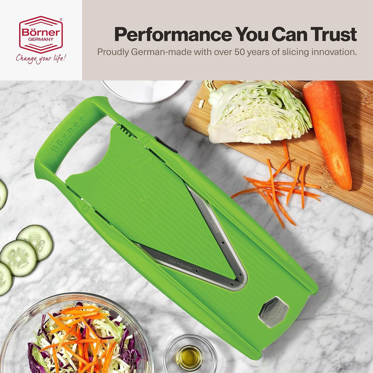 Swissmar VPower V-Slicer Mandoline – Professional Kitchen Tool with Adjustable Thickness – Precision Food Slicer for Vegetables, Julienne, Shredding – Includes Safety Holder & Inserts - White