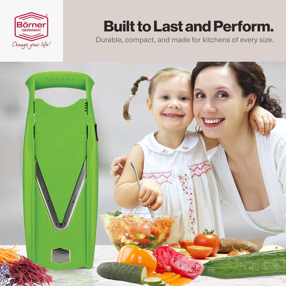 Swissmar VPower V-Slicer Mandoline – Professional Kitchen Tool with Adjustable Thickness – Precision Food Slicer for Vegetables, Julienne, Shredding – Includes Safety Holder & Inserts - White