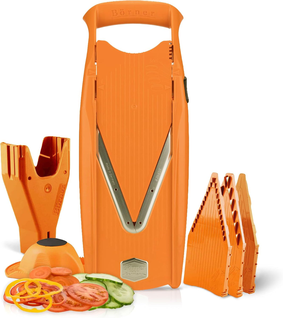 Swissmar VPower V-Slicer Mandoline – Professional Kitchen Tool with Adjustable Thickness – Precision Food Slicer for Vegetables, Julienne, Shredding – Includes Safety Holder & Inserts - White