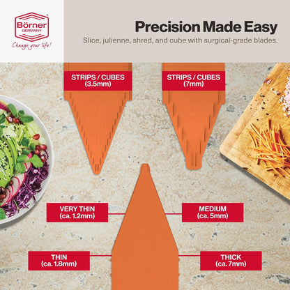 Swissmar VPower V-Slicer Mandoline – Professional Kitchen Tool with Adjustable Thickness – Precision Food Slicer for Vegetables, Julienne, Shredding – Includes Safety Holder & Inserts - White