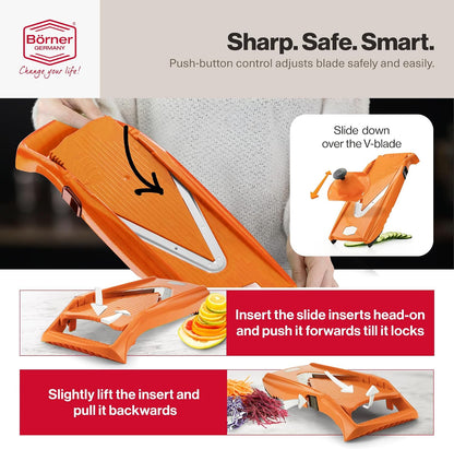 Swissmar VPower V-Slicer Mandoline – Professional Kitchen Tool with Adjustable Thickness – Precision Food Slicer for Vegetables, Julienne, Shredding – Includes Safety Holder & Inserts - White