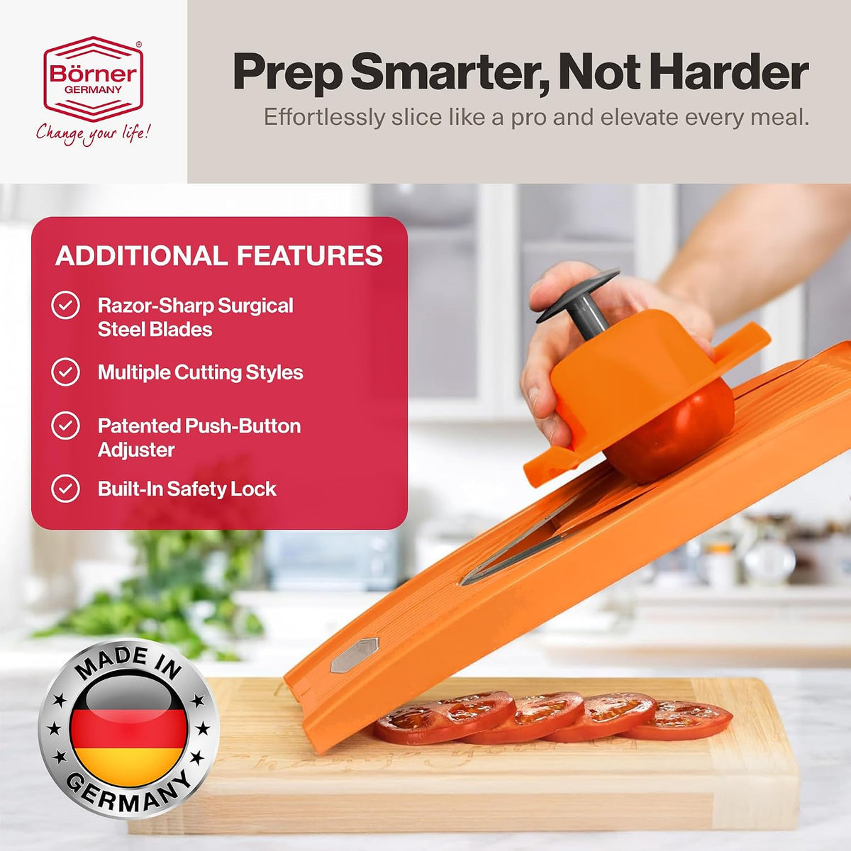 Swissmar VPower V-Slicer Mandoline – Professional Kitchen Tool with Adjustable Thickness – Precision Food Slicer for Vegetables, Julienne, Shredding – Includes Safety Holder & Inserts - White