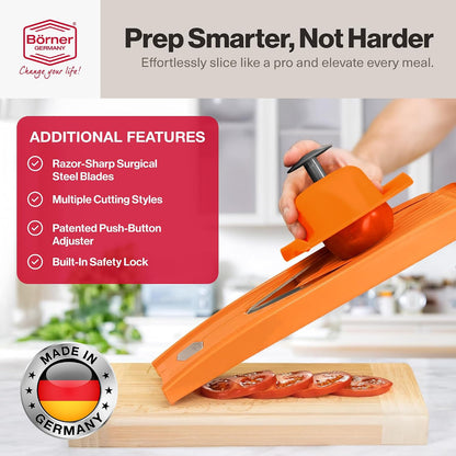 Swissmar VPower V-Slicer Mandoline – Professional Kitchen Tool with Adjustable Thickness – Precision Food Slicer for Vegetables, Julienne, Shredding – Includes Safety Holder & Inserts - White