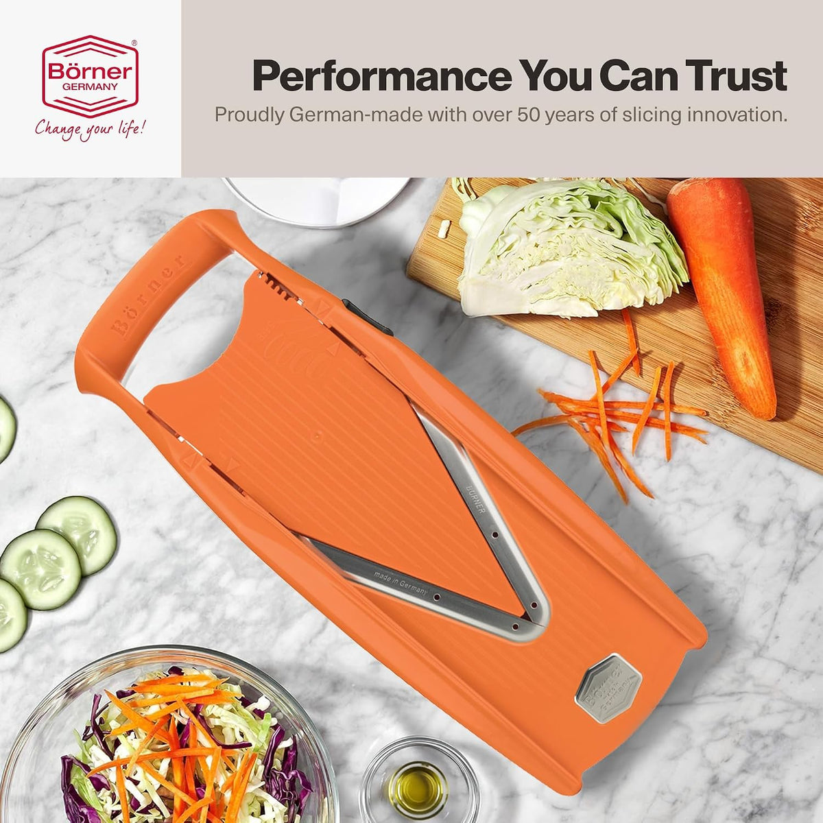 Swissmar VPower V-Slicer Mandoline – Professional Kitchen Tool with Adjustable Thickness – Precision Food Slicer for Vegetables, Julienne, Shredding – Includes Safety Holder & Inserts - White