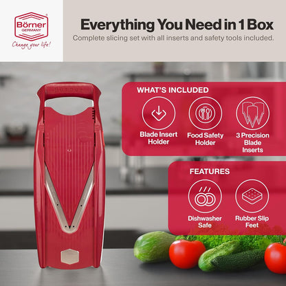 Swissmar VPower V-Slicer Mandoline – Professional Kitchen Tool with Adjustable Thickness – Precision Food Slicer for Vegetables, Julienne, Shredding – Includes Safety Holder & Inserts - White
