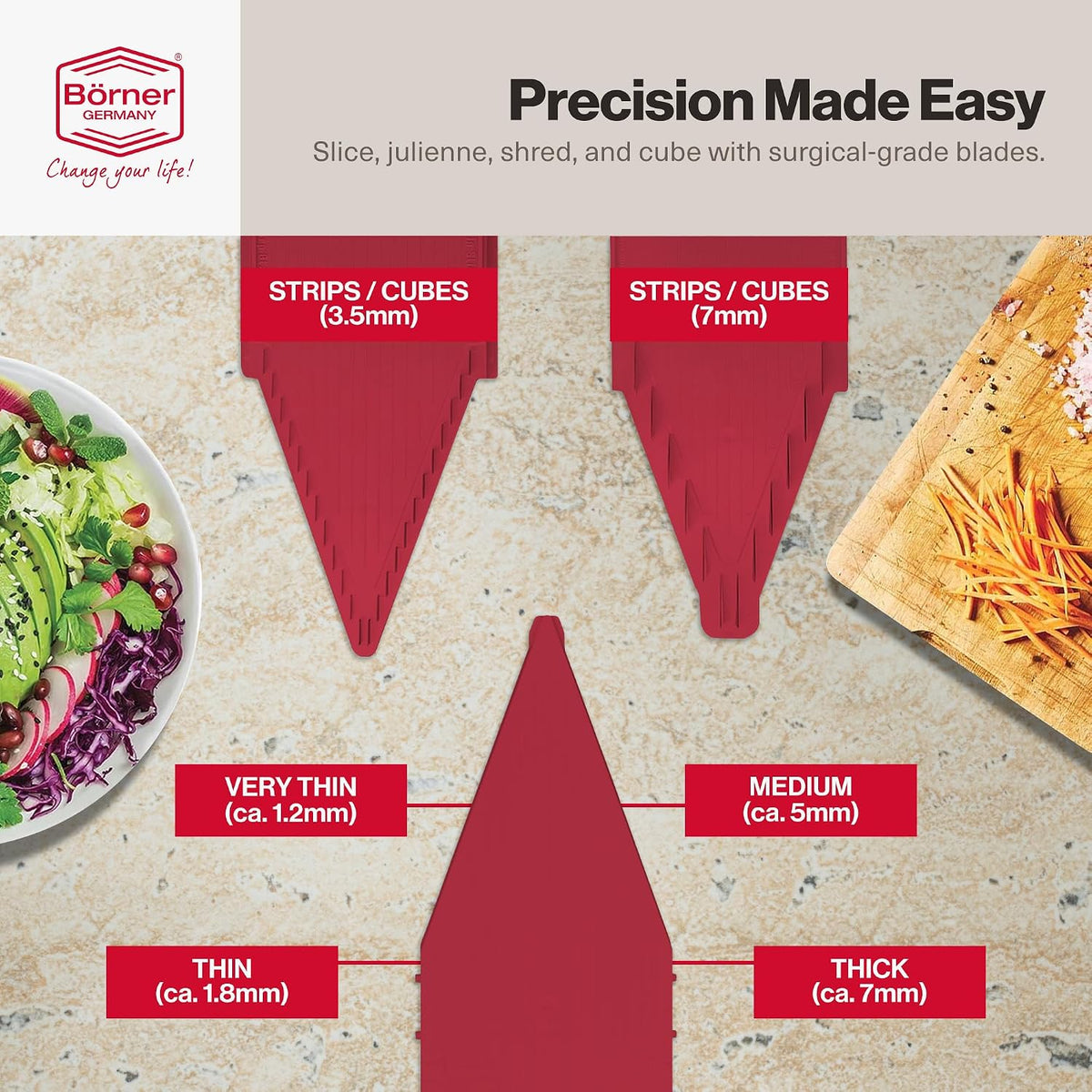 Swissmar VPower V-Slicer Mandoline – Professional Kitchen Tool with Adjustable Thickness – Precision Food Slicer for Vegetables, Julienne, Shredding – Includes Safety Holder & Inserts - White