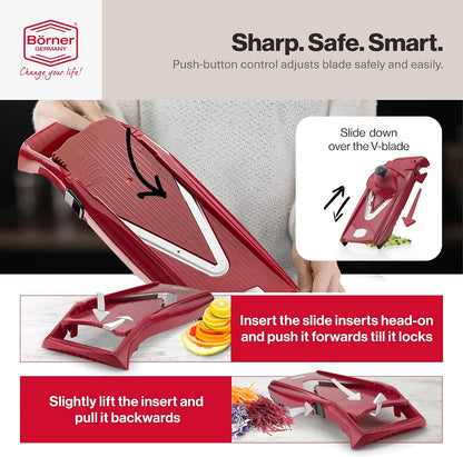 Swissmar VPower V-Slicer Mandoline – Professional Kitchen Tool with Adjustable Thickness – Precision Food Slicer for Vegetables, Julienne, Shredding – Includes Safety Holder & Inserts - White
