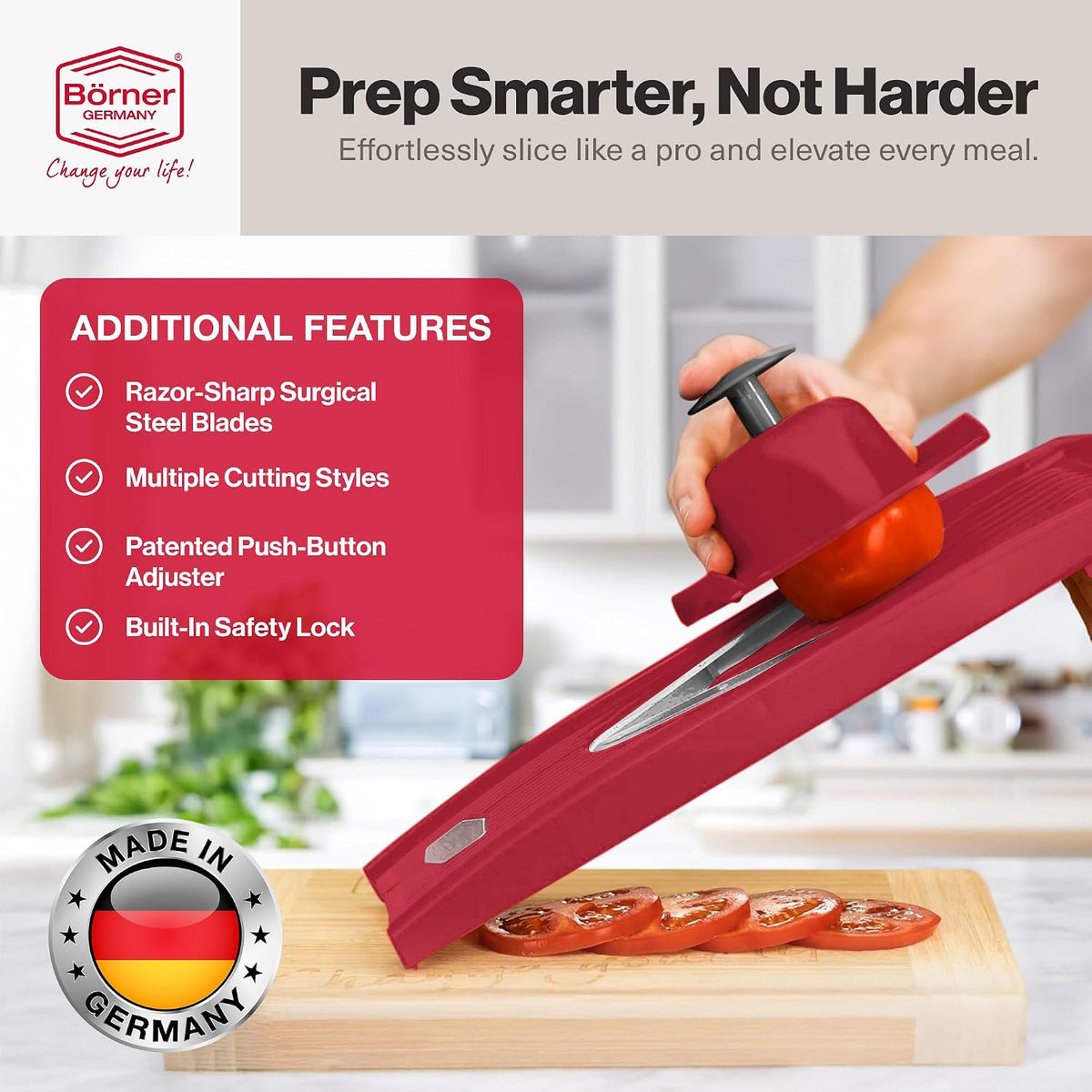 Swissmar VPower V-Slicer Mandoline – Professional Kitchen Tool with Adjustable Thickness – Precision Food Slicer for Vegetables, Julienne, Shredding – Includes Safety Holder & Inserts - White