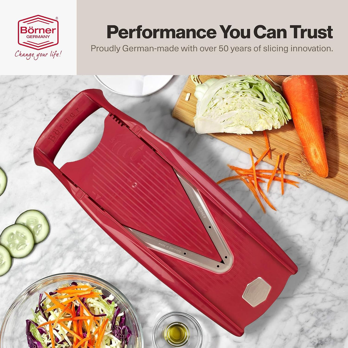 Swissmar VPower V-Slicer Mandoline – Professional Kitchen Tool with Adjustable Thickness – Precision Food Slicer for Vegetables, Julienne, Shredding – Includes Safety Holder & Inserts - White