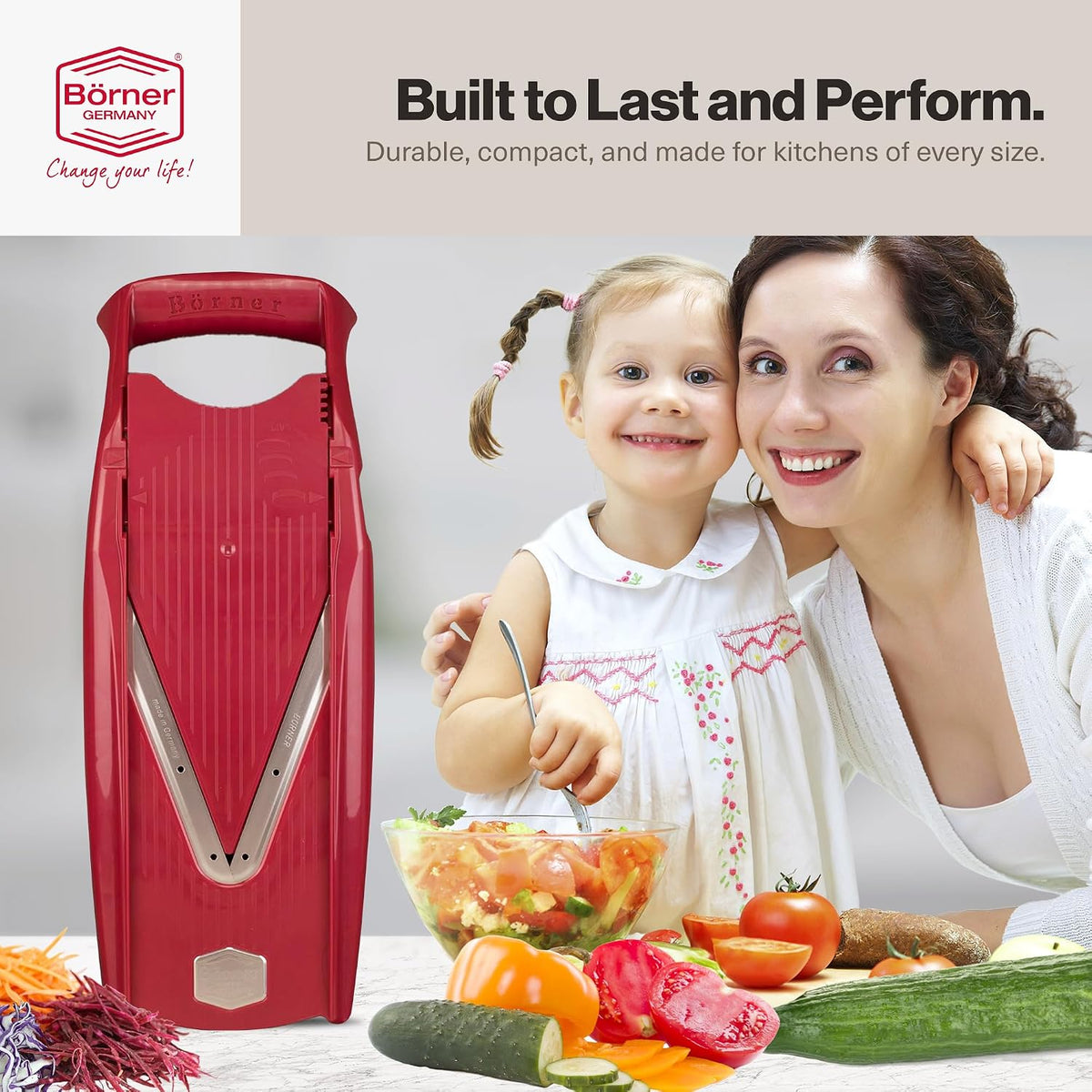 Swissmar VPower V-Slicer Mandoline – Professional Kitchen Tool with Adjustable Thickness – Precision Food Slicer for Vegetables, Julienne, Shredding – Includes Safety Holder & Inserts - White