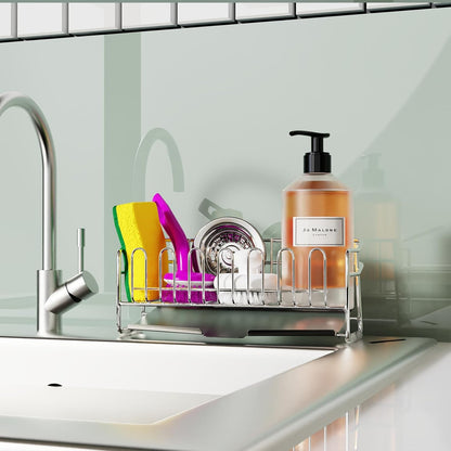 304 Stainless Steel Sponge Holder for Kitchen Sink(8.27x2.95x3.43) | Compact Sink Caddy with 4 Non-Slip Silicone Pads, Easy to Clean Rustproof 304 Steel, Kitchen Essentials, No-Tools Design