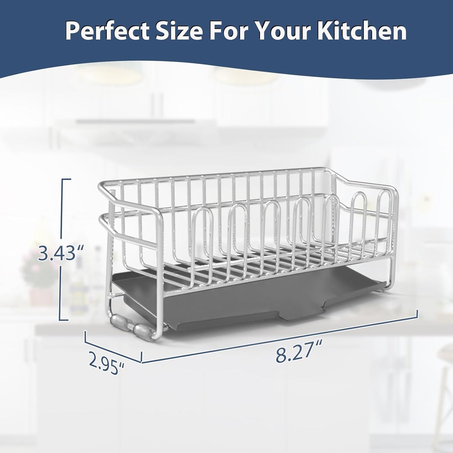 304 Stainless Steel Sponge Holder for Kitchen Sink(8.27x2.95x3.43) | Compact Sink Caddy with 4 Non-Slip Silicone Pads, Easy to Clean Rustproof 304 Steel, Kitchen Essentials, No-Tools Design