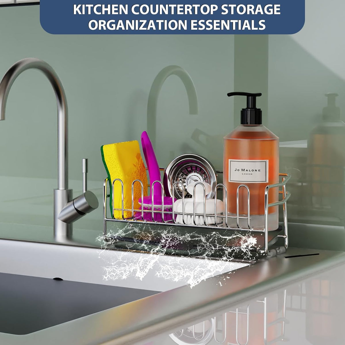304 Stainless Steel Sponge Holder for Kitchen Sink(8.27x2.95x3.43) | Compact Sink Caddy with 4 Non-Slip Silicone Pads, Easy to Clean Rustproof 304 Steel, Kitchen Essentials, No-Tools Design