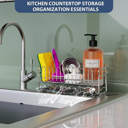 304 Stainless Steel Sponge Holder for Kitchen Sink(8.27x2.95x3.43) | Compact Sink Caddy with 4 Non-Slip Silicone Pads, Easy to Clean Rustproof 304 Steel, Kitchen Essentials, No-Tools Design