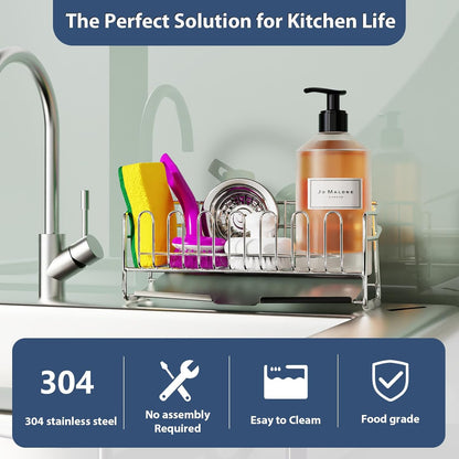 304 Stainless Steel Sponge Holder for Kitchen Sink(8.27x2.95x3.43) | Compact Sink Caddy with 4 Non-Slip Silicone Pads, Easy to Clean Rustproof 304 Steel, Kitchen Essentials, No-Tools Design