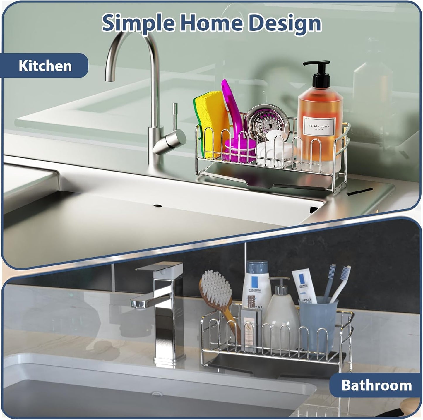 304 Stainless Steel Sponge Holder for Kitchen Sink(8.27x2.95x3.43) | Compact Sink Caddy with 4 Non-Slip Silicone Pads, Easy to Clean Rustproof 304 Steel, Kitchen Essentials, No-Tools Design