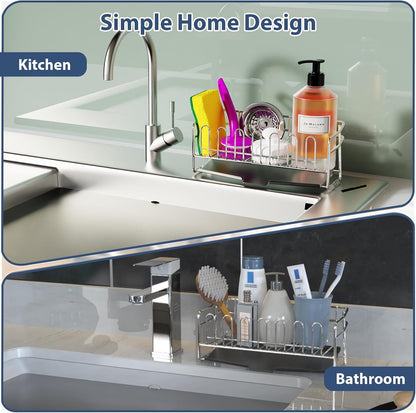 304 Stainless Steel Sponge Holder for Kitchen Sink(8.27x2.95x3.43) | Compact Sink Caddy with 4 Non-Slip Silicone Pads, Easy to Clean Rustproof 304 Steel, Kitchen Essentials, No-Tools Design