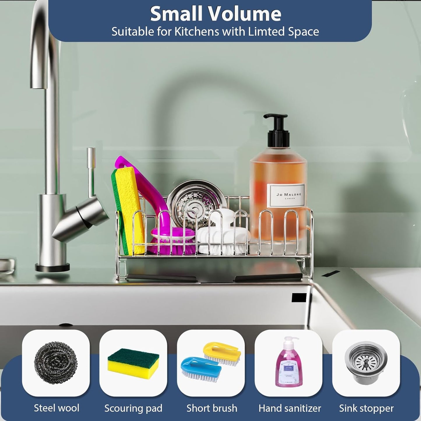 304 Stainless Steel Sponge Holder for Kitchen Sink(8.27x2.95x3.43) | Compact Sink Caddy with 4 Non-Slip Silicone Pads, Easy to Clean Rustproof 304 Steel, Kitchen Essentials, No-Tools Design