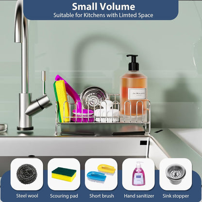 304 Stainless Steel Sponge Holder for Kitchen Sink(8.27x2.95x3.43) | Compact Sink Caddy with 4 Non-Slip Silicone Pads, Easy to Clean Rustproof 304 Steel, Kitchen Essentials, No-Tools Design