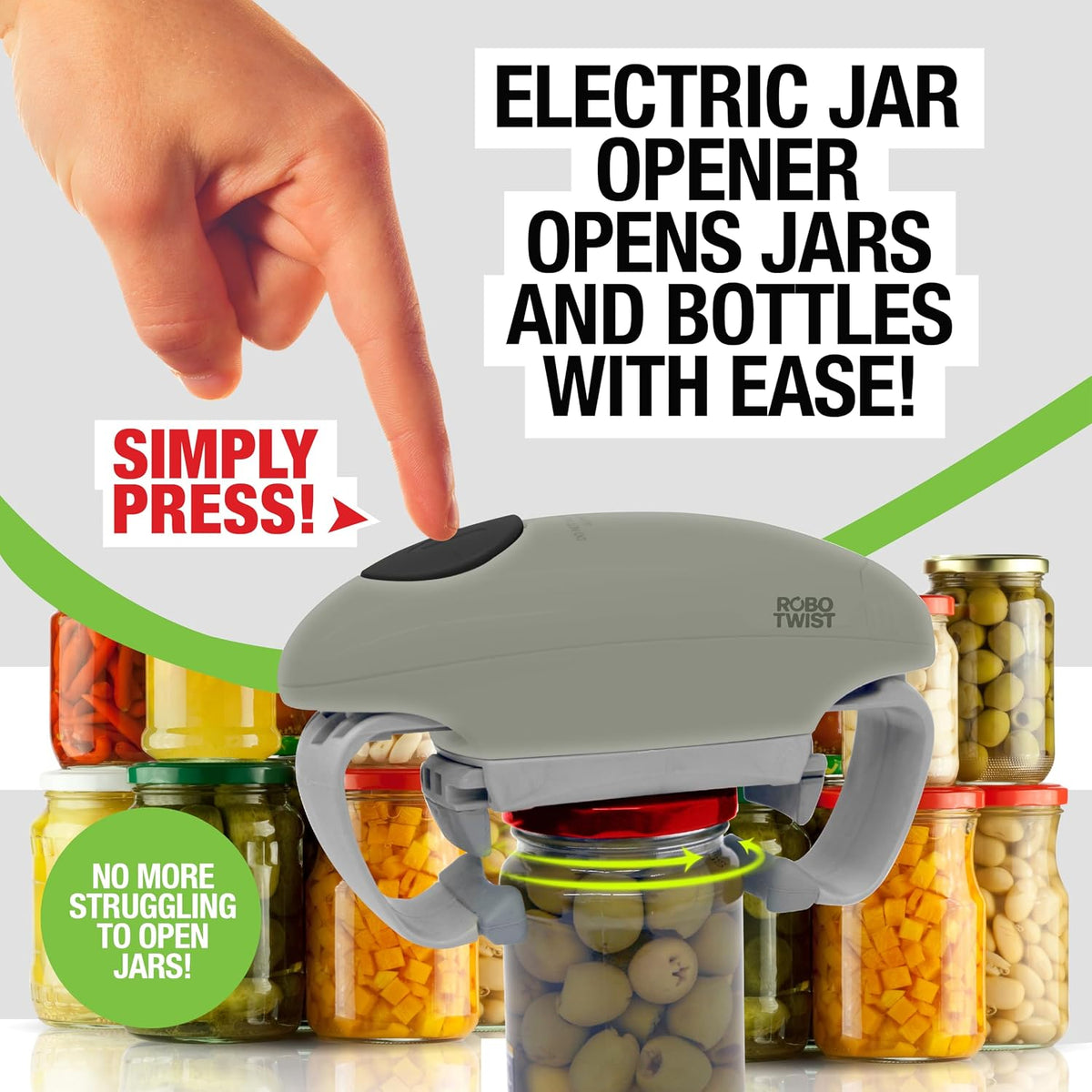 Electric Jar Opener for Weak Hands - Robotwist Higher Torque Automatic Bottle & Lid Opener for Seniors with Arthritis, Hands-Free Battery Operated, Fits 1.2-3.5" Jars, Deluxe Model, Sage Green