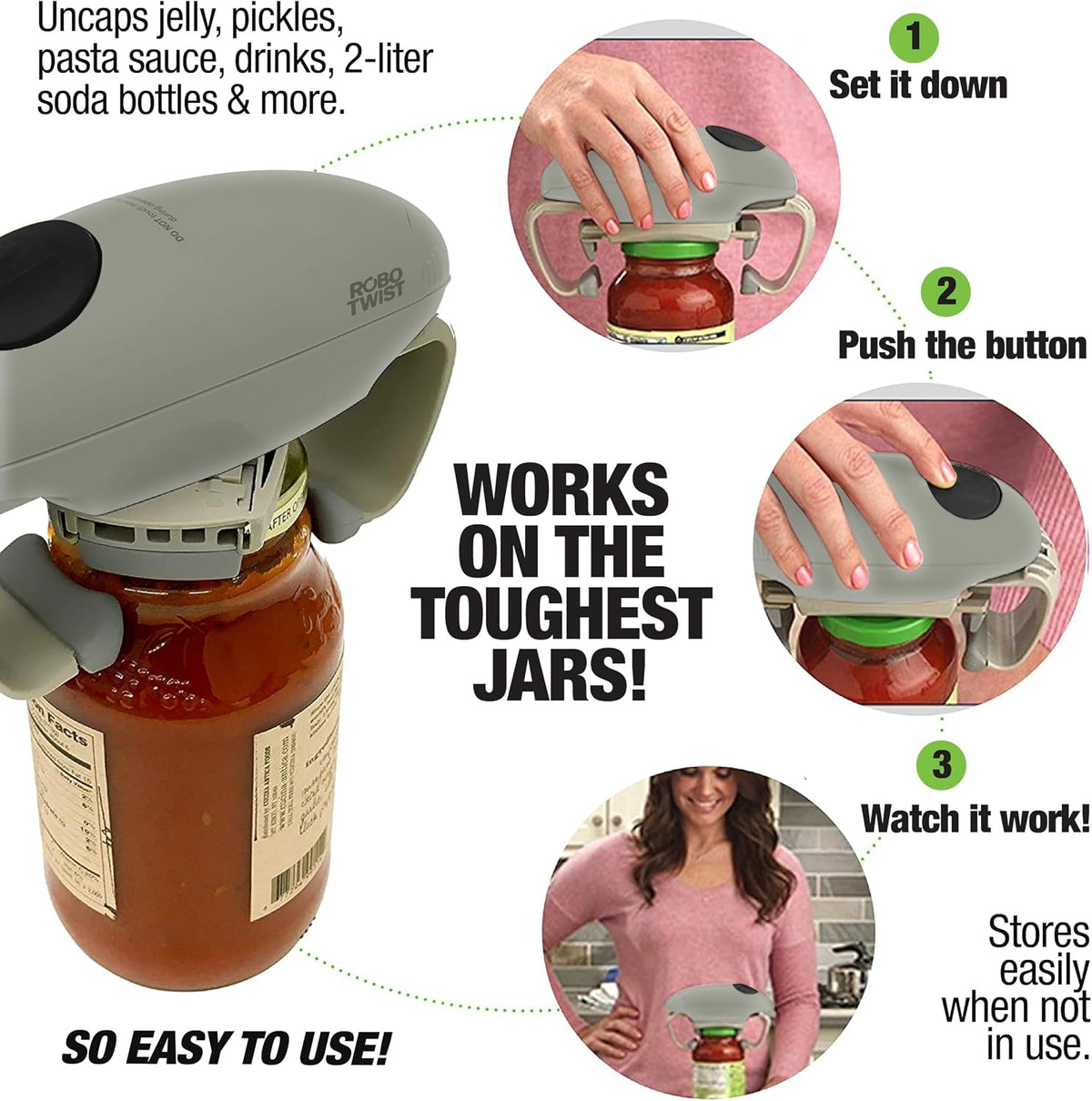 Electric Jar Opener for Weak Hands - Robotwist Higher Torque Automatic Bottle & Lid Opener for Seniors with Arthritis, Hands-Free Battery Operated, Fits 1.2-3.5" Jars, Deluxe Model, Sage Green