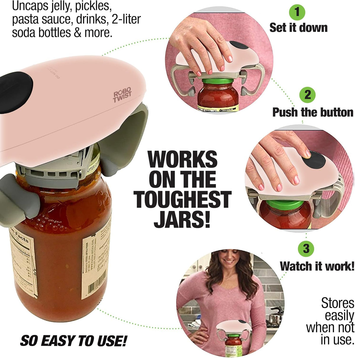 Electric Jar Opener for Weak Hands - Robotwist Higher Torque Automatic Bottle & Lid Opener for Seniors with Arthritis, Hands-Free Battery Operated, Fits 1.2-3.5" Jars, Deluxe Model, Sage Green