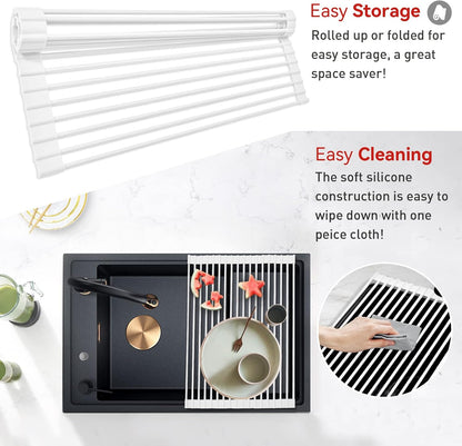 Roll Up Dish Drying Rack, Silicone Wrapped Over The Sink Dish Rack Foldable Dish Drainer Anti-Slip Dish Racks for Kitchen Counter, Multipurpose Kitchen Sink Drying Rack, 18" x 13", Black