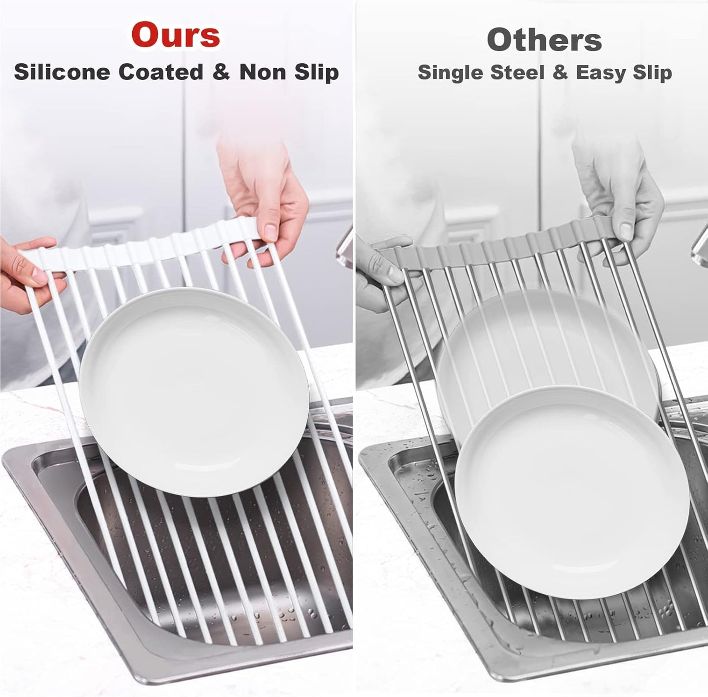 Roll Up Dish Drying Rack, Silicone Wrapped Over The Sink Dish Rack Foldable Dish Drainer Anti-Slip Dish Racks for Kitchen Counter, Multipurpose Kitchen Sink Drying Rack, 18" x 13", Black