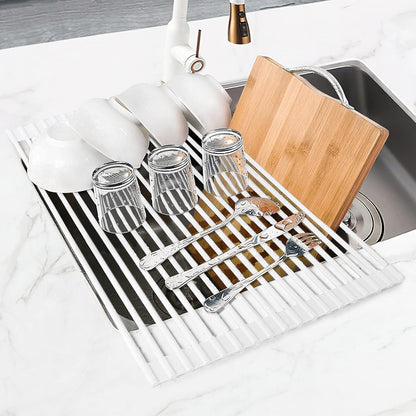 Roll Up Dish Drying Rack, Silicone Wrapped Over The Sink Dish Rack Foldable Dish Drainer Anti-Slip Dish Racks for Kitchen Counter, Multipurpose Kitchen Sink Drying Rack, 18" x 13", Black