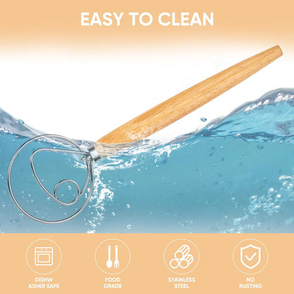 Danish Dough Whisk Stainless Steel Wood Handle for Sourdough Bread | 2-Eye No-Clump Dutch Whisk, Food-Safe Steel Head, Non-Slip Wood Grip, Hand Dough Mixer, Dishwasher Safe, for Sourdough Baking