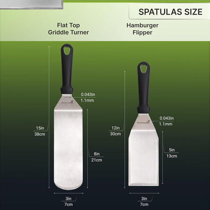 Metal Spatula Stainless Steel and Scraper - Professional Chef Griddle Spatulas Set of 3 - Heavy Duty Accessories Great for Cast Iron BBQ Flat Top Grill Skillet Pan - Commercial Grade