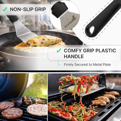 Metal Spatula Stainless Steel and Scraper - Professional Chef Griddle Spatulas Set of 3 - Heavy Duty Accessories Great for Cast Iron BBQ Flat Top Grill Skillet Pan - Commercial Grade