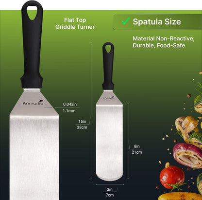 Metal Spatula Stainless Steel and Scraper - Professional Chef Griddle Spatulas Set of 3 - Heavy Duty Accessories Great for Cast Iron BBQ Flat Top Grill Skillet Pan - Commercial Grade