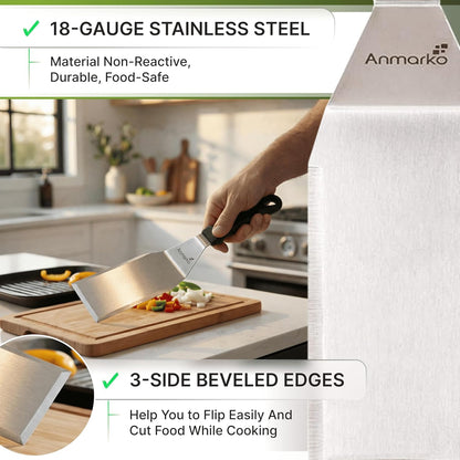 Metal Spatula Stainless Steel and Scraper - Professional Chef Griddle Spatulas Set of 3 - Heavy Duty Accessories Great for Cast Iron BBQ Flat Top Grill Skillet Pan - Commercial Grade