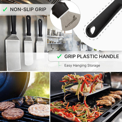 Metal Spatula Stainless Steel and Scraper - Professional Chef Griddle Spatulas Set of 3 - Heavy Duty Accessories Great for Cast Iron BBQ Flat Top Grill Skillet Pan - Commercial Grade