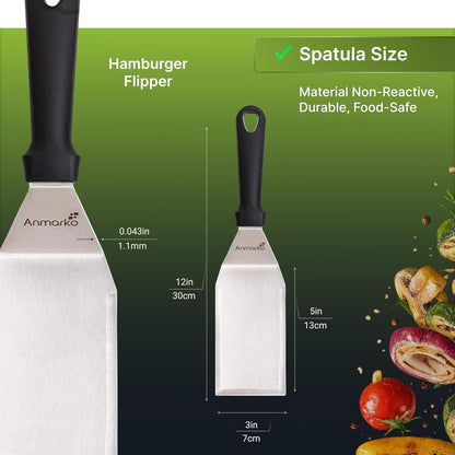 Metal Spatula Stainless Steel and Scraper - Professional Chef Griddle Spatulas Set of 3 - Heavy Duty Accessories Great for Cast Iron BBQ Flat Top Grill Skillet Pan - Commercial Grade