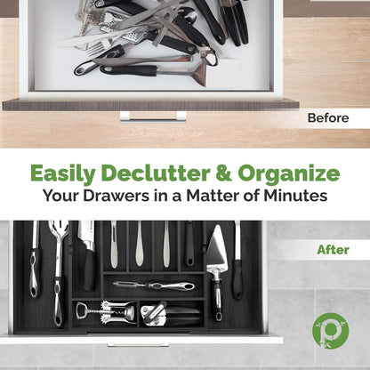 Silverware Organizer - Small Extra-Deep Wooden Kitchen Drawer Organizer Divider for Spoons, Forks, Knives & Cutleries - 5 Slots