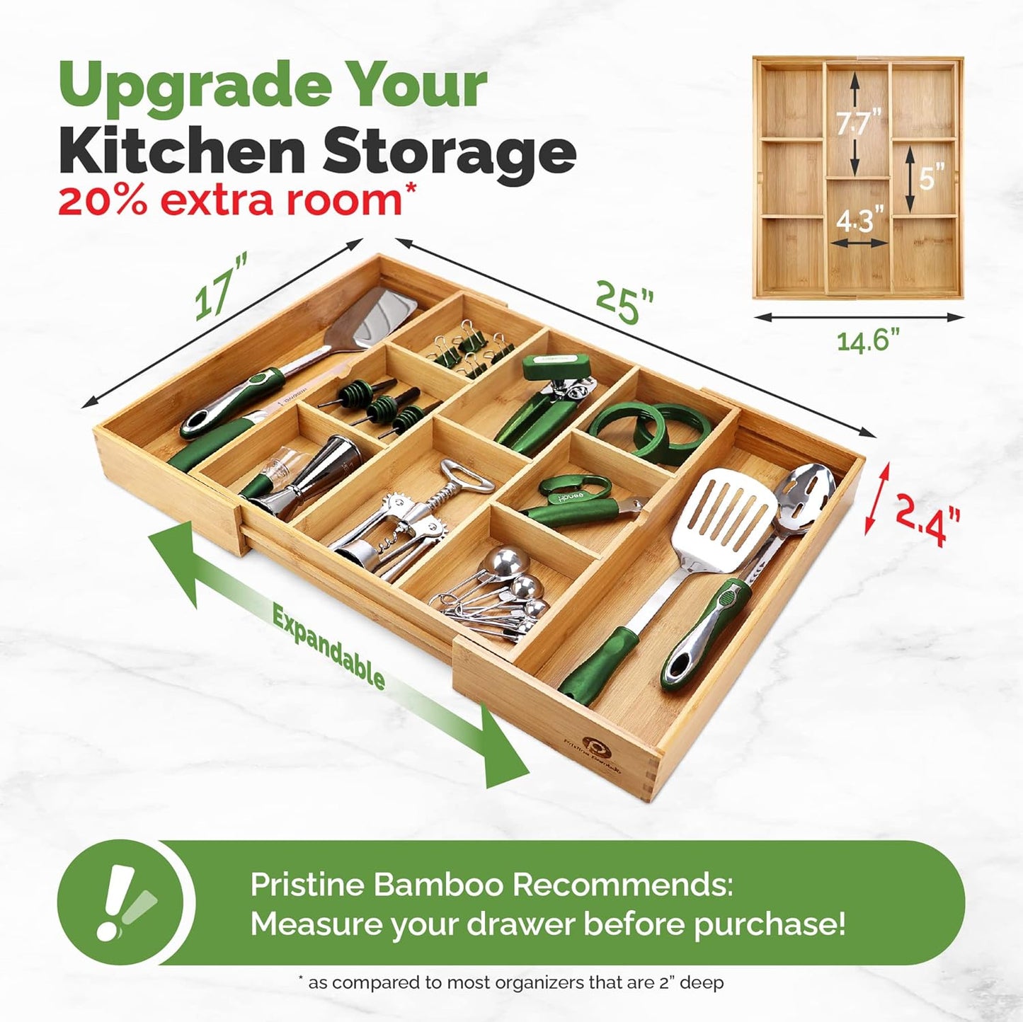 Silverware Organizer - Small Extra-Deep Wooden Kitchen Drawer Organizer Divider for Spoons, Forks, Knives & Cutleries - 5 Slots