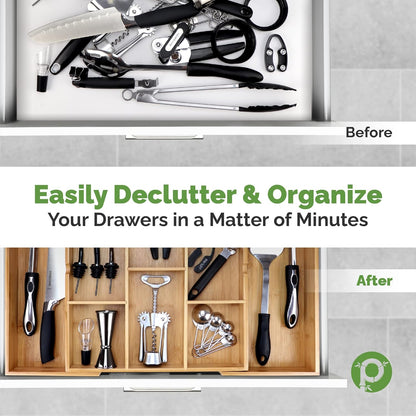 Silverware Organizer - Small Extra-Deep Wooden Kitchen Drawer Organizer Divider for Spoons, Forks, Knives & Cutleries - 5 Slots