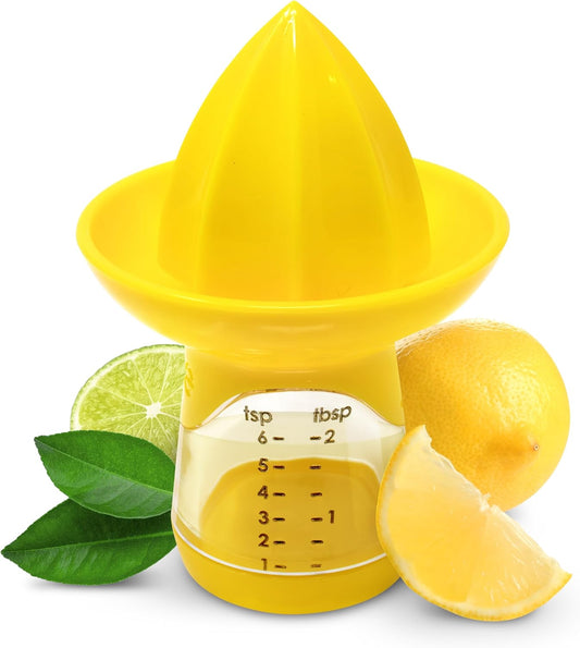 Joie Lemon and Lime Small Hand Juicer and Reamer, Built-In Measuring Cup | Easy Straining, Stores Leftover Juice Up To 1 Ounce, BPA-Free and Dishwasher Safe