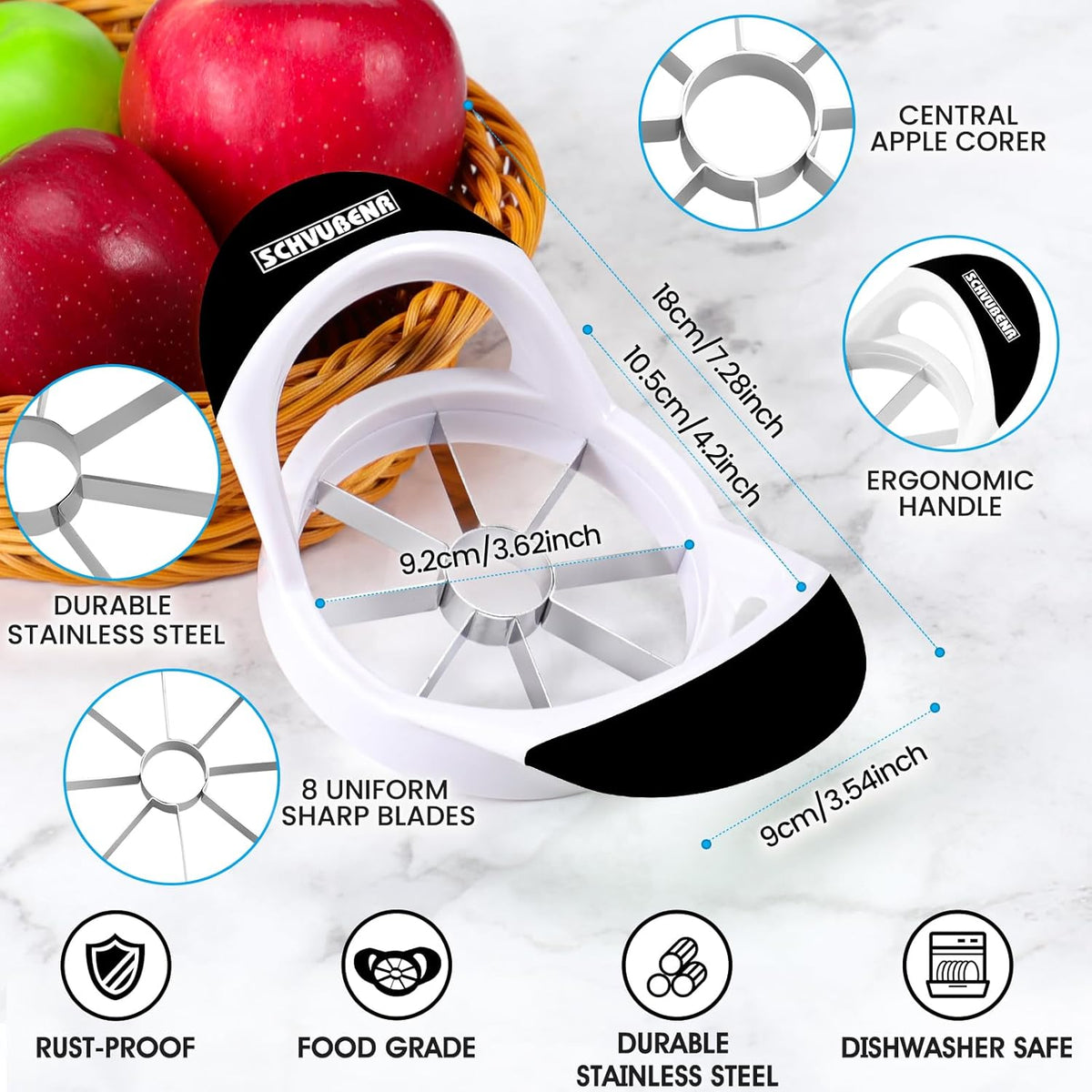 3.5 Inch Apple Slicer - Professional Apple Cutter - Stainless Steel Apple Corer - Super Sharp Apple Slicer and Corer - Apple Tool with 8 Sharp Blades(Black)