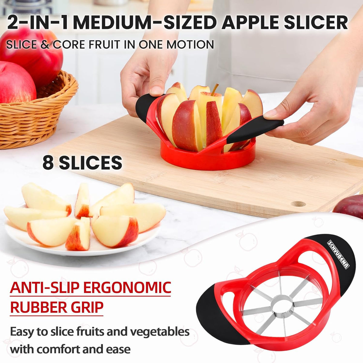 3.5 Inch Apple Slicer - Professional Apple Cutter - Stainless Steel Apple Corer - Super Sharp Apple Slicer and Corer - Apple Tool with 8 Sharp Blades(Black)