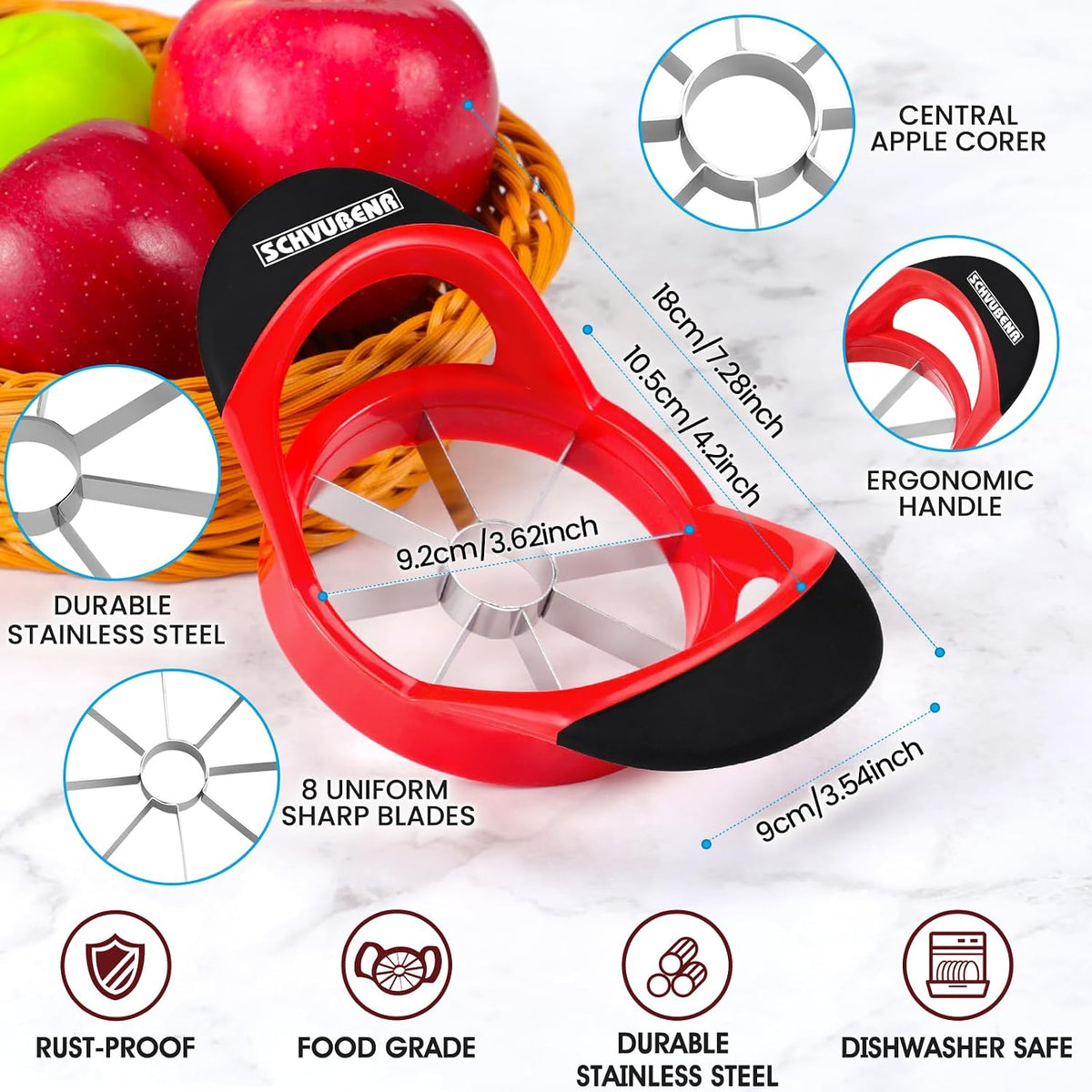 3.5 Inch Apple Slicer - Professional Apple Cutter - Stainless Steel Apple Corer - Super Sharp Apple Slicer and Corer - Apple Tool with 8 Sharp Blades(Black)