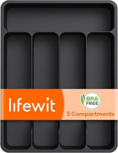 Silverware Drawer Organizer Tray, Plastic Cutlery Storage for Kitchen, Flatware and Utensil Holder Divider for Spoons Forks Knives Tableware, 9.1 x 12.6", 5 Slots, Black