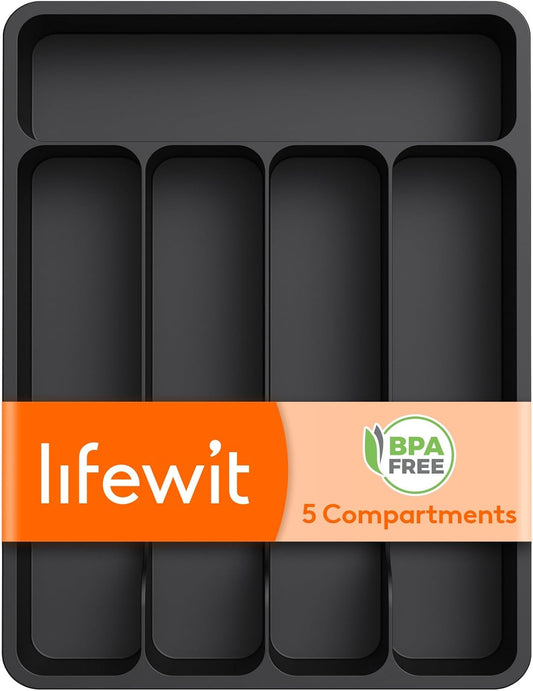 Silverware Drawer Organizer Tray, Plastic Cutlery Storage for Kitchen, Flatware and Utensil Holder Divider for Spoons Forks Knives Tableware, 9.1 x 12.6", 5 Slots, Black