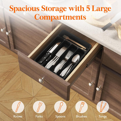 Silverware Drawer Organizer Tray, Plastic Cutlery Storage for Kitchen, Flatware and Utensil Holder Divider for Spoons Forks Knives Tableware, 9.1 x 12.6", 5 Slots, Black